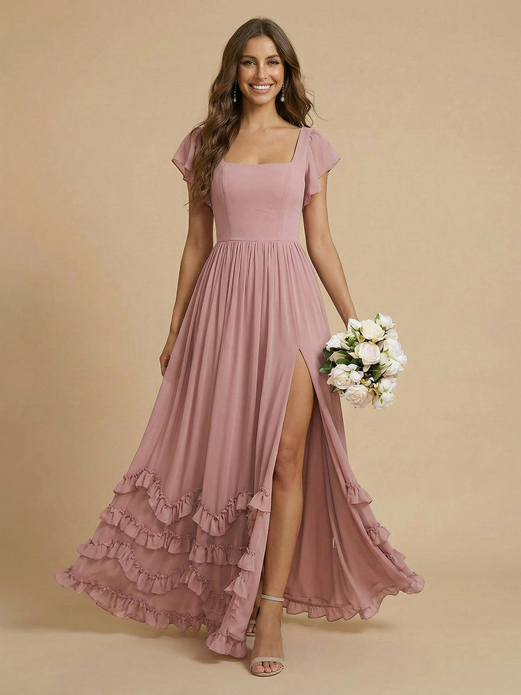 Chiffon A-Line Square Neck Long Tiered Bridesmaid Dresses