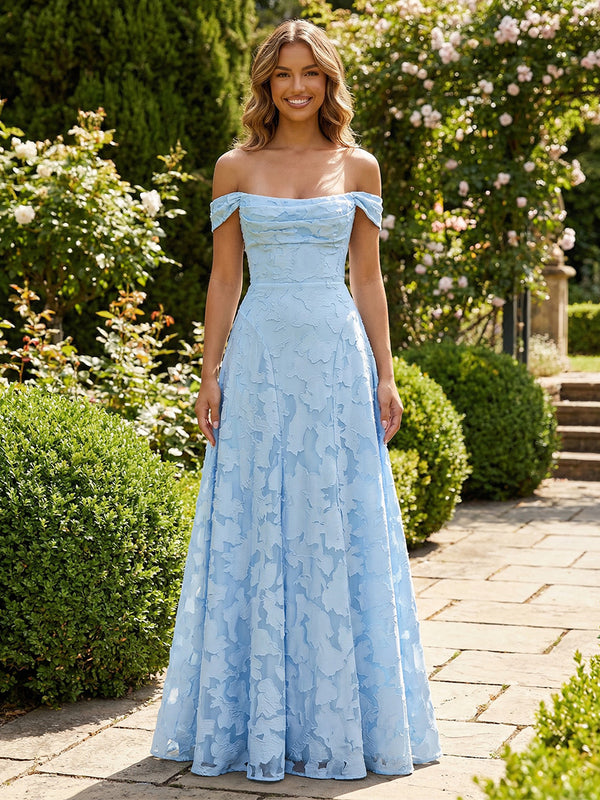 Jacquard A-Line Off the Shoulder Long Pleated Bridesmaid Dresses