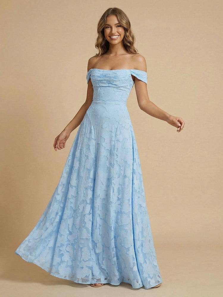 Jacquard A-Line Off the Shoulder Long Pleated Bridesmaid Dresses