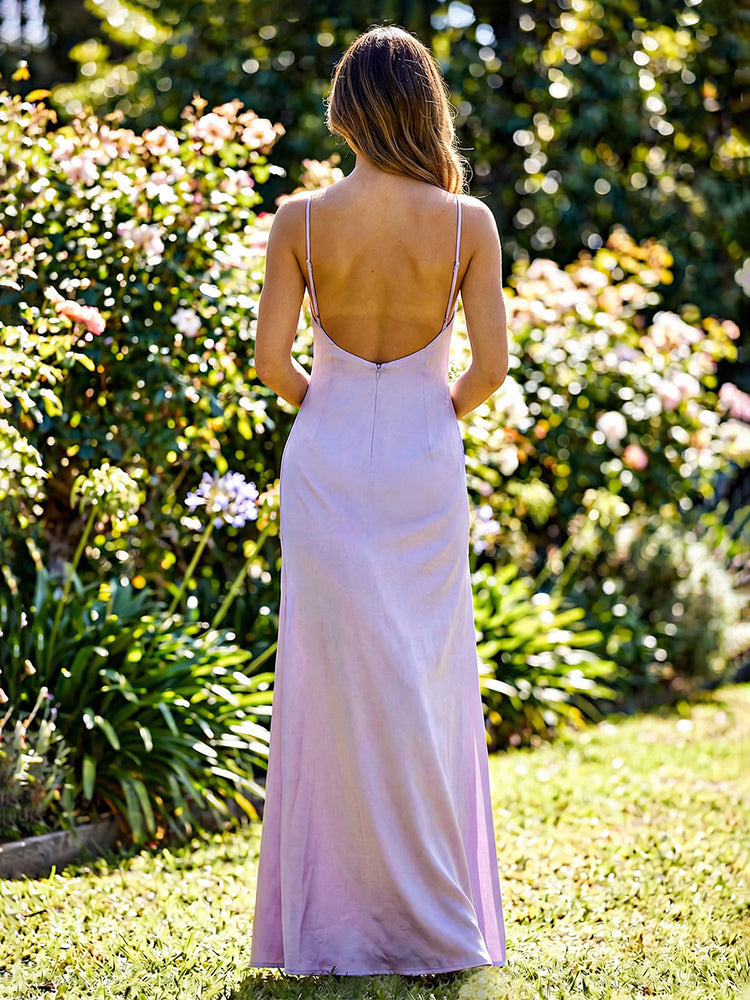 Satin Sheath Spaghetti Straps Long Minimalist Bridesmaid Dresses