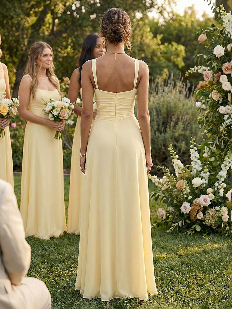 Chiffon A-Line Square Neck Long Bridesmaid Dresses with Pleats