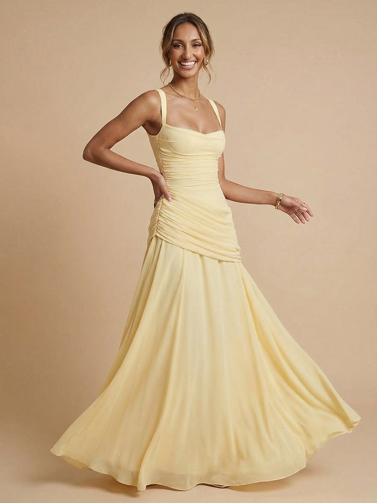 Chiffon A-Line Square Neck Long Bridesmaid Dresses with Pleats