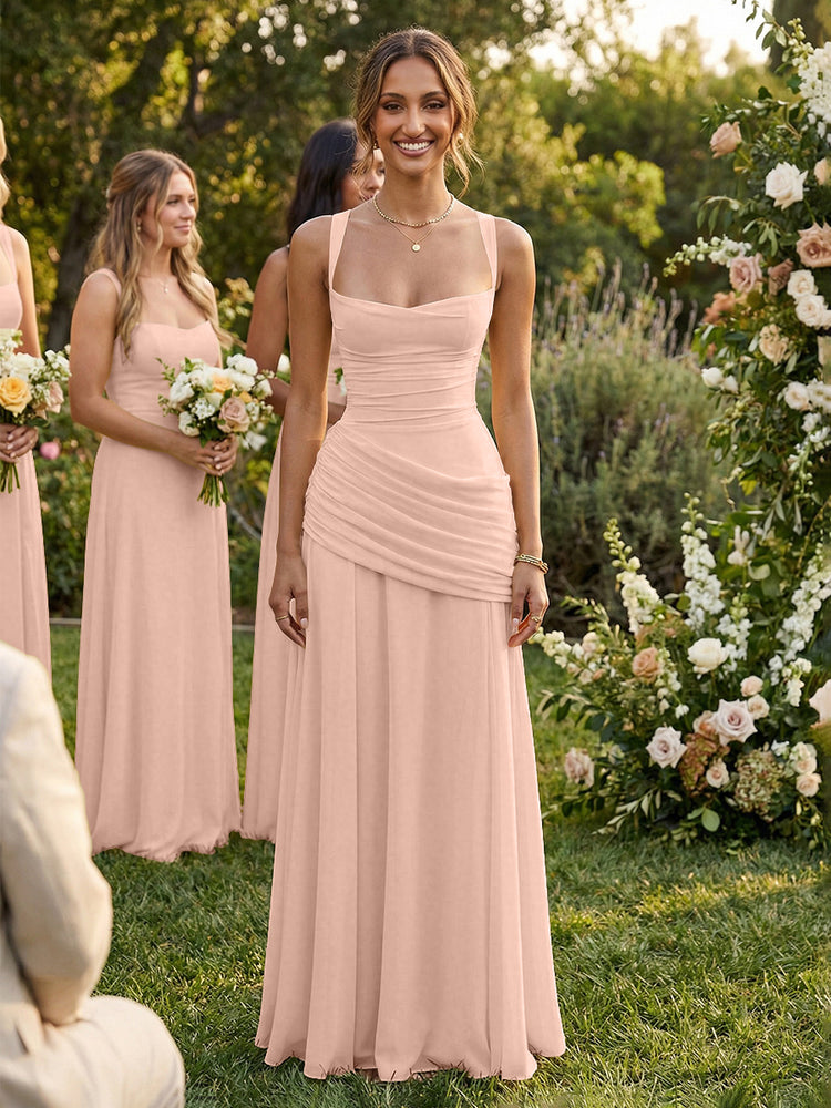Chiffon A-Line Square Neck Long Bridesmaid Dresses with Pleats