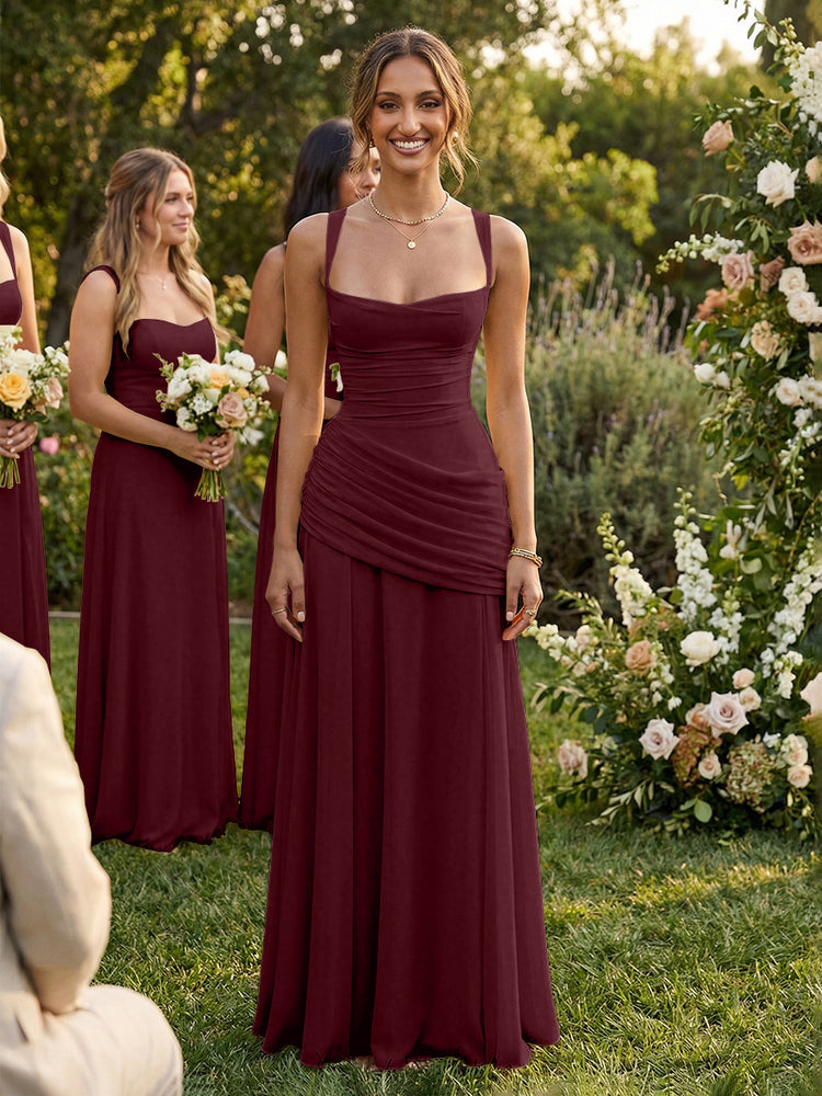 Chiffon A-Line Square Neck Long Bridesmaid Dresses with Pleats