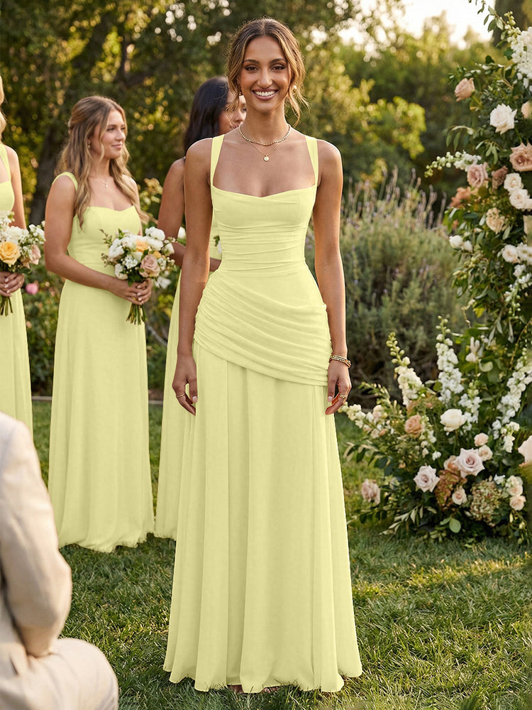 Chiffon A-Line Square Neck Long Bridesmaid Dresses with Pleats