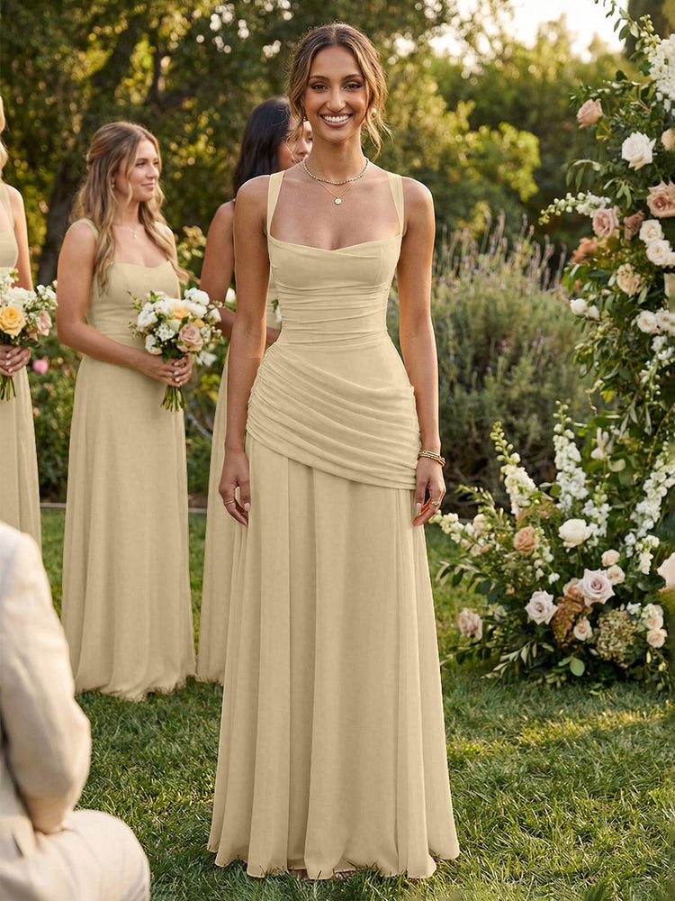 Chiffon A-Line Square Neck Long Bridesmaid Dresses with Pleats