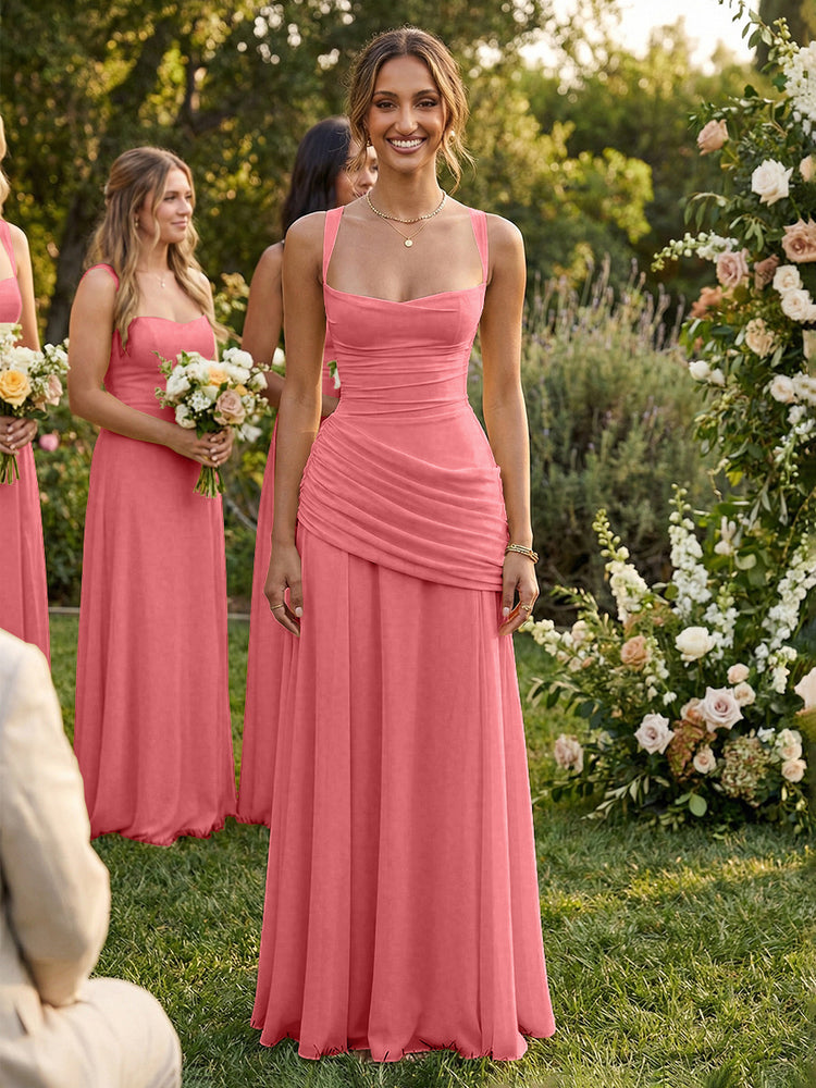 Chiffon A-Line Square Neck Long Bridesmaid Dresses with Pleats