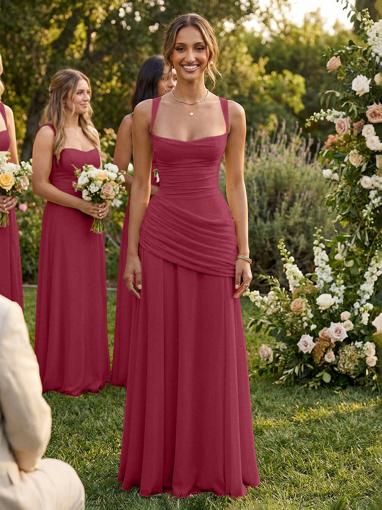 Chiffon A-Line Square Neck Long Bridesmaid Dresses with Pleats