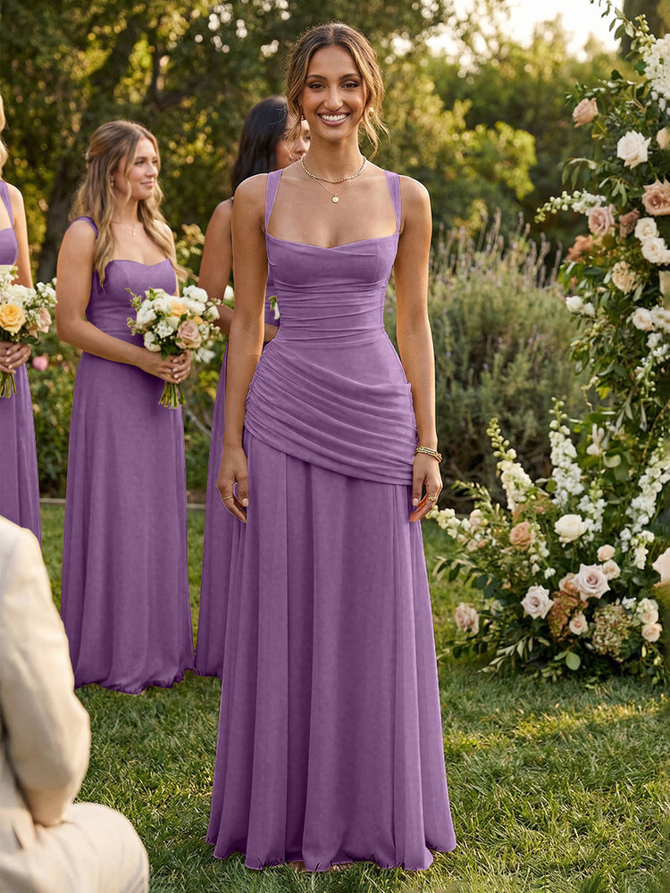Chiffon A-Line Square Neck Long Bridesmaid Dresses with Pleats
