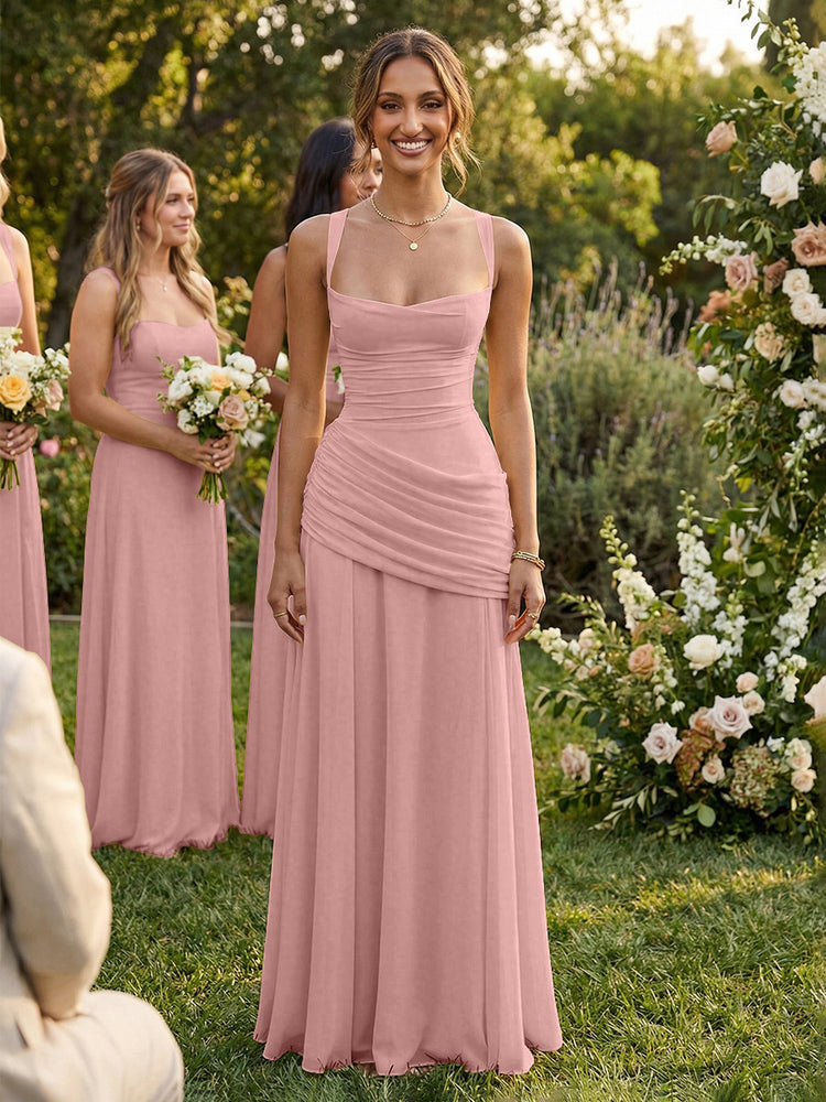 Chiffon A-Line Square Neck Long Bridesmaid Dresses with Pleats