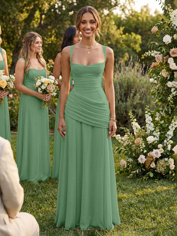 Chiffon A-Line Square Neck Long Bridesmaid Dresses with Pleats