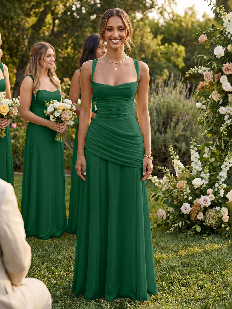 Chiffon A-Line Square Neck Long Bridesmaid Dresses with Pleats