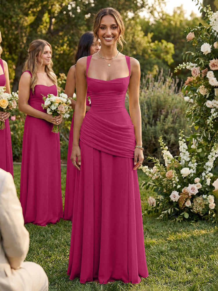 Chiffon A-Line Square Neck Long Bridesmaid Dresses with Pleats
