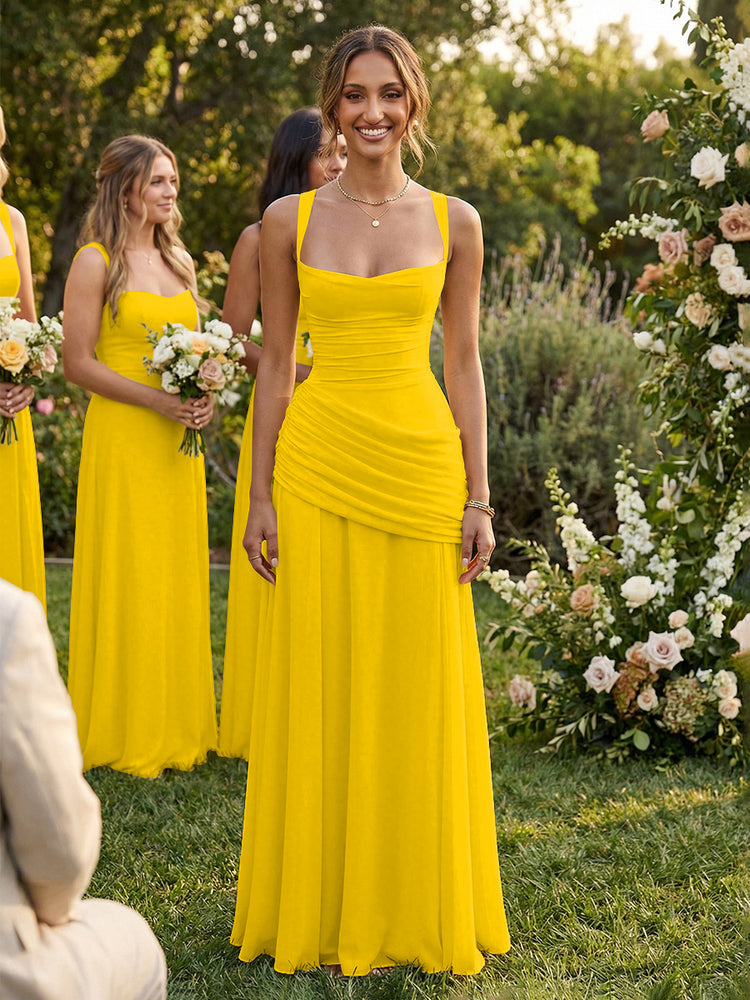 Chiffon A-Line Square Neck Long Bridesmaid Dresses with Pleats
