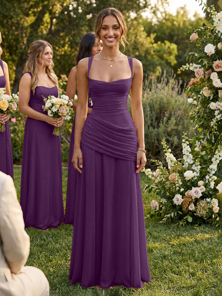 Chiffon A-Line Square Neck Long Bridesmaid Dresses with Pleats