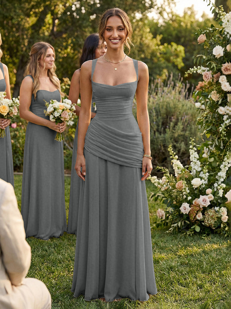 Chiffon A-Line Square Neck Long Bridesmaid Dresses with Pleats