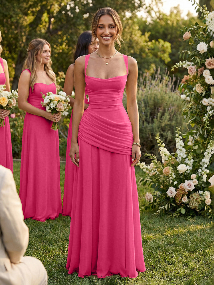 Chiffon A-Line Square Neck Long Bridesmaid Dresses with Pleats