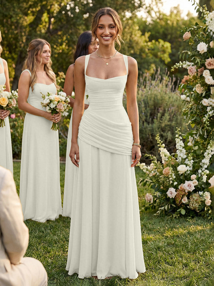 Chiffon A-Line Square Neck Long Bridesmaid Dresses with Pleats