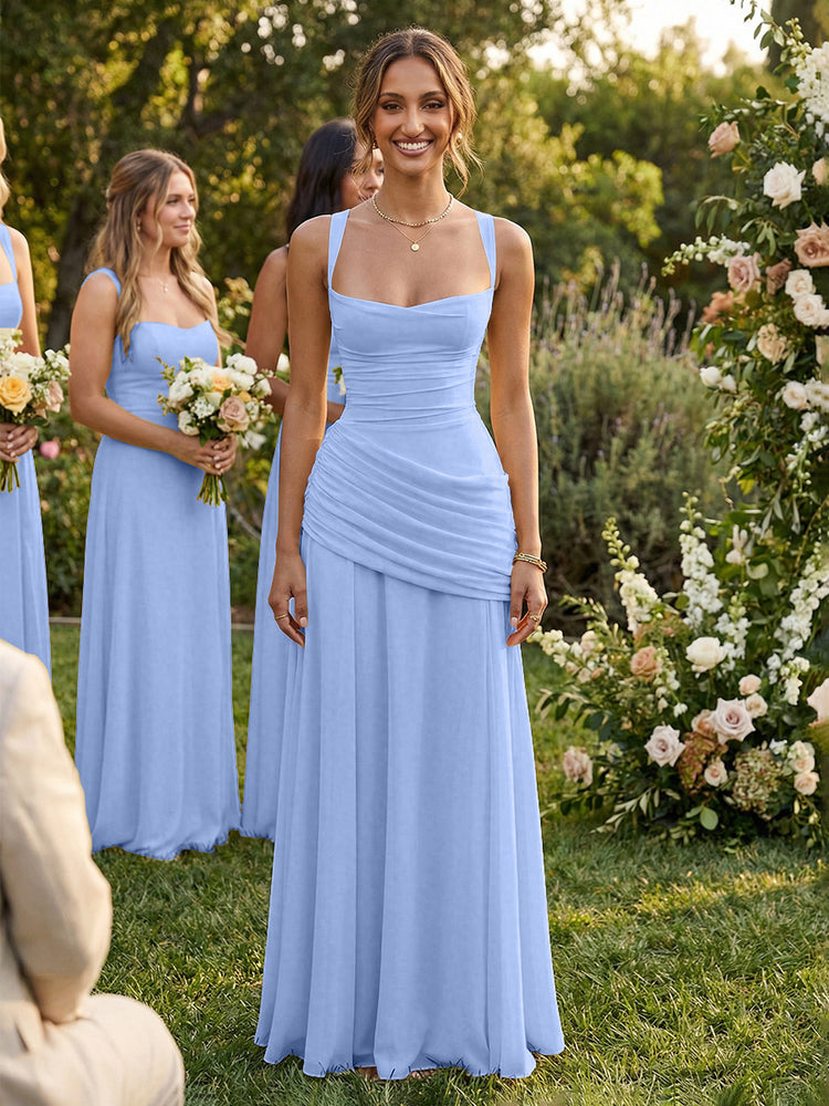 Chiffon A-Line Square Neck Long Bridesmaid Dresses with Pleats
