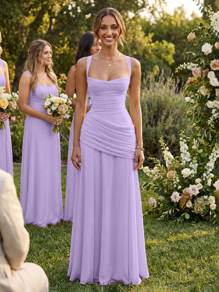 Chiffon A-Line Square Neck Long Bridesmaid Dresses with Pleats