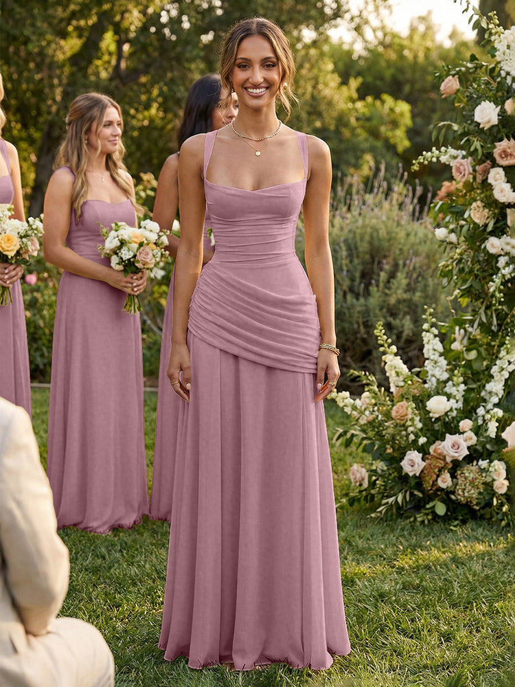 Chiffon A-Line Square Neck Long Bridesmaid Dresses with Pleats