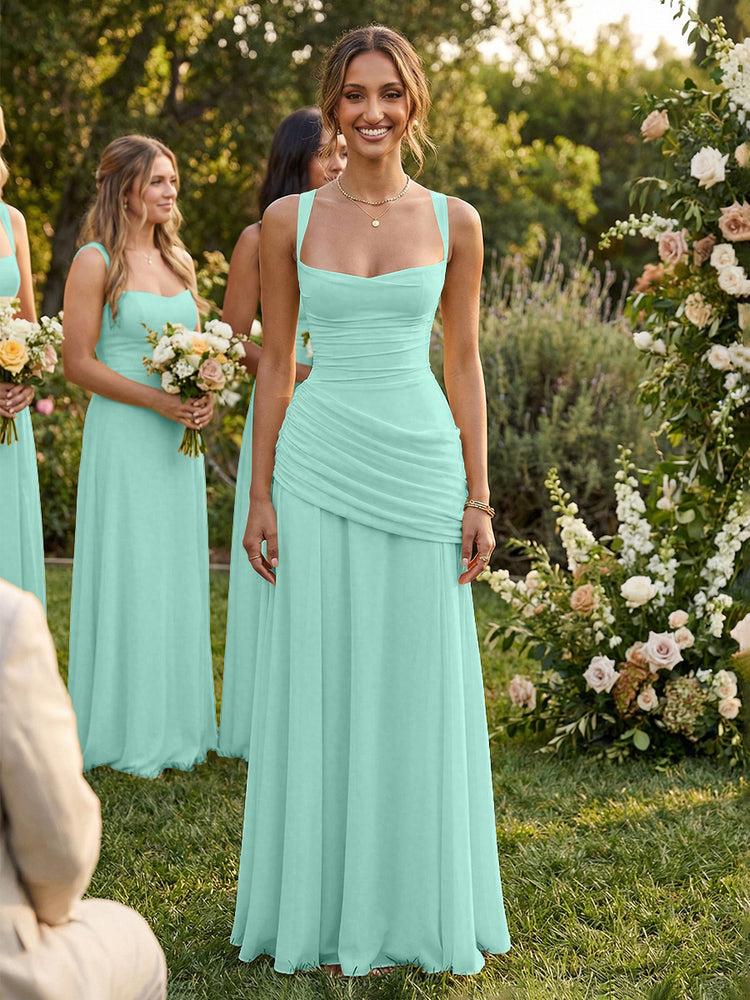Chiffon A-Line Square Neck Long Bridesmaid Dresses with Pleats
