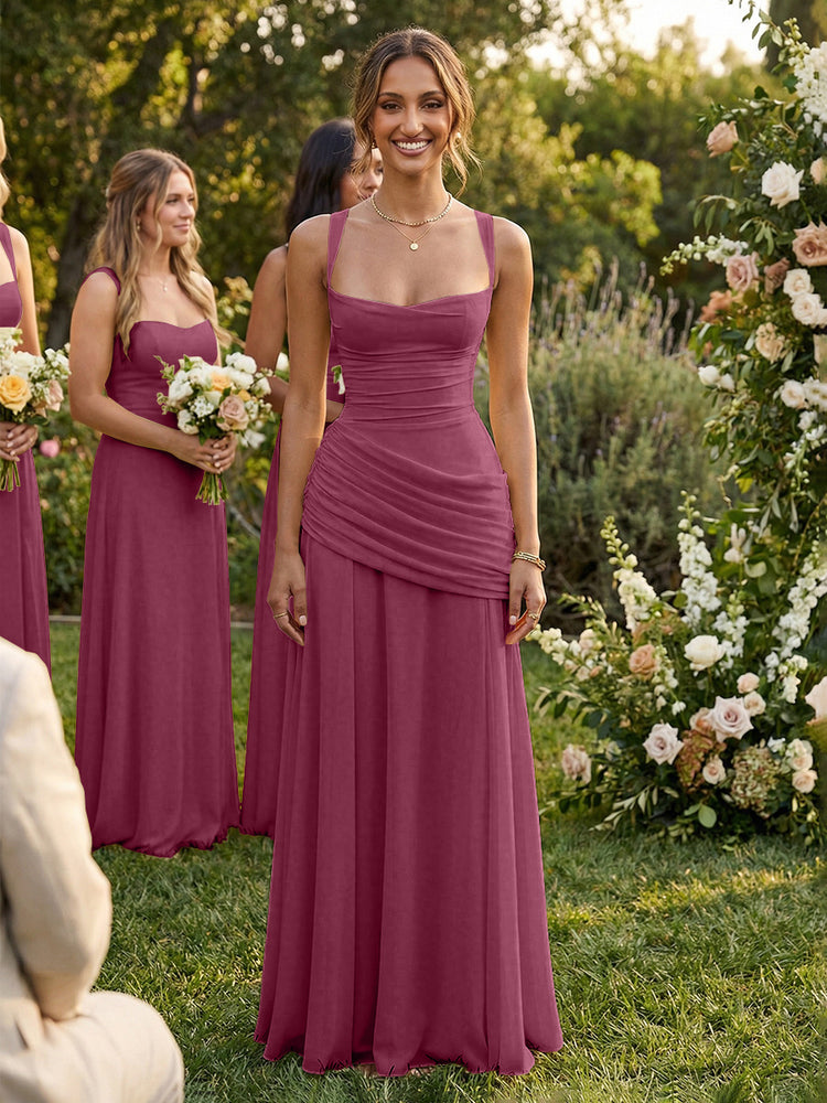 Chiffon A-Line Square Neck Long Bridesmaid Dresses with Pleats