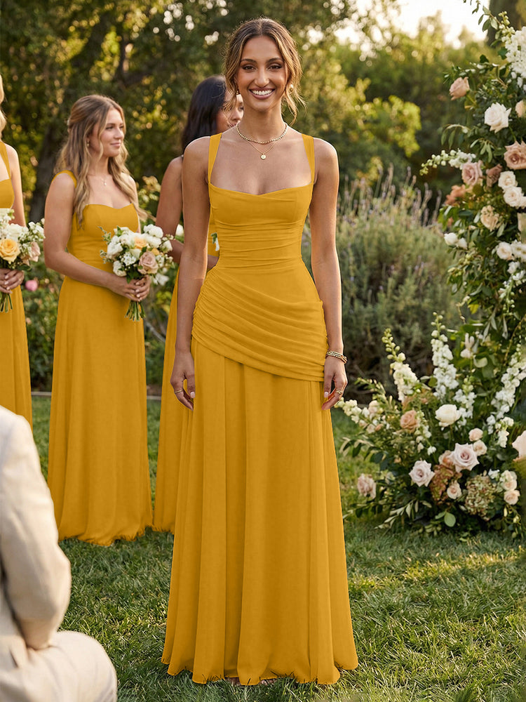 Chiffon A-Line Square Neck Long Bridesmaid Dresses with Pleats