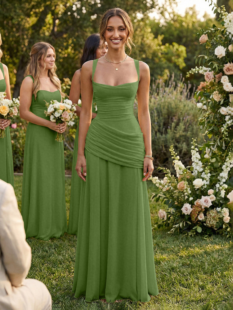 Chiffon A-Line Square Neck Long Bridesmaid Dresses with Pleats