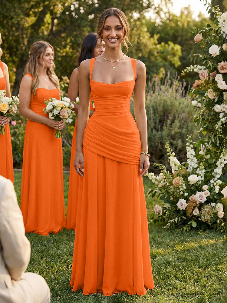 Chiffon A-Line Square Neck Long Bridesmaid Dresses with Pleats