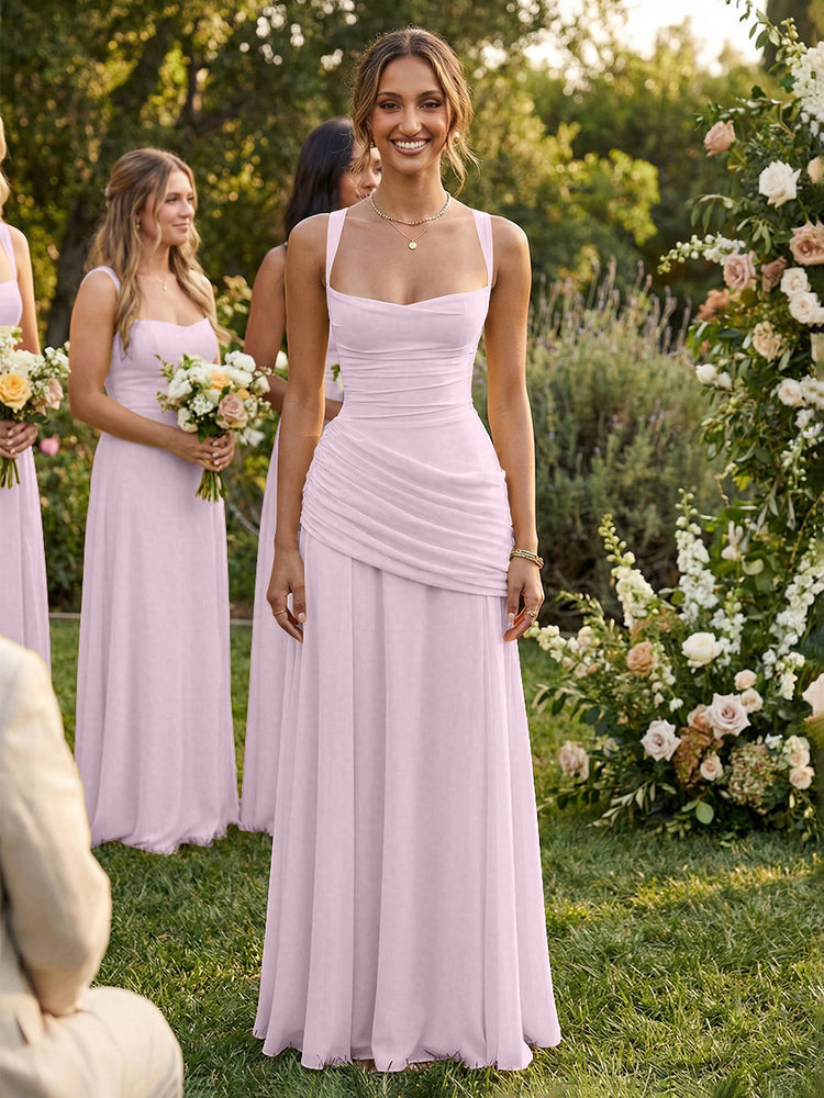 Chiffon A-Line Square Neck Long Bridesmaid Dresses with Pleats