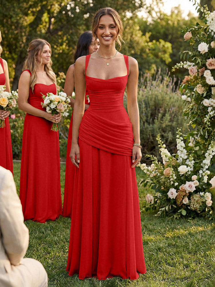 Chiffon A-Line Square Neck Long Bridesmaid Dresses with Pleats