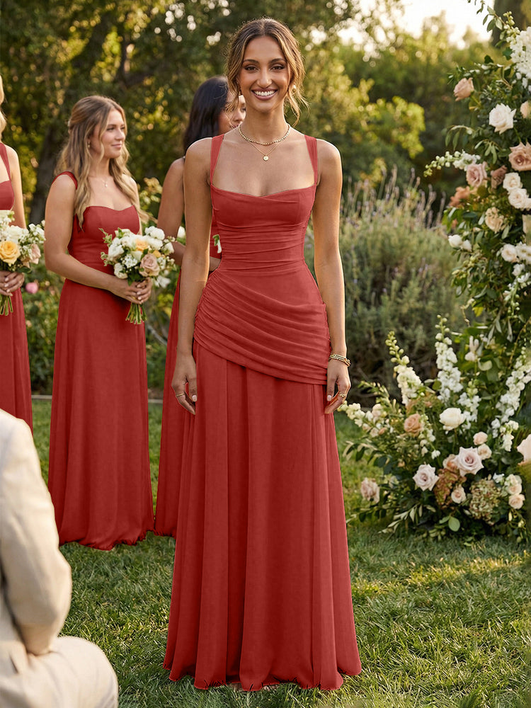 Chiffon A-Line Square Neck Long Bridesmaid Dresses with Pleats