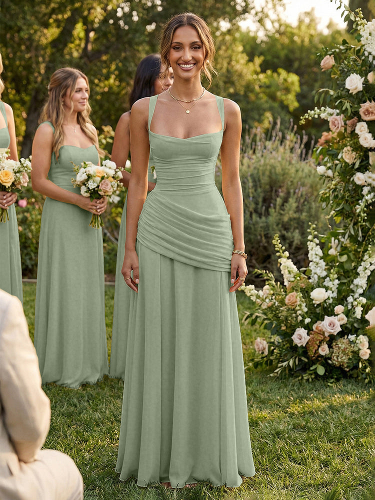 Chiffon A-Line Square Neck Long Bridesmaid Dresses with Pleats