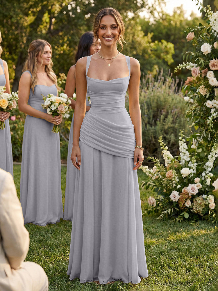 Chiffon A-Line Square Neck Long Bridesmaid Dresses with Pleats