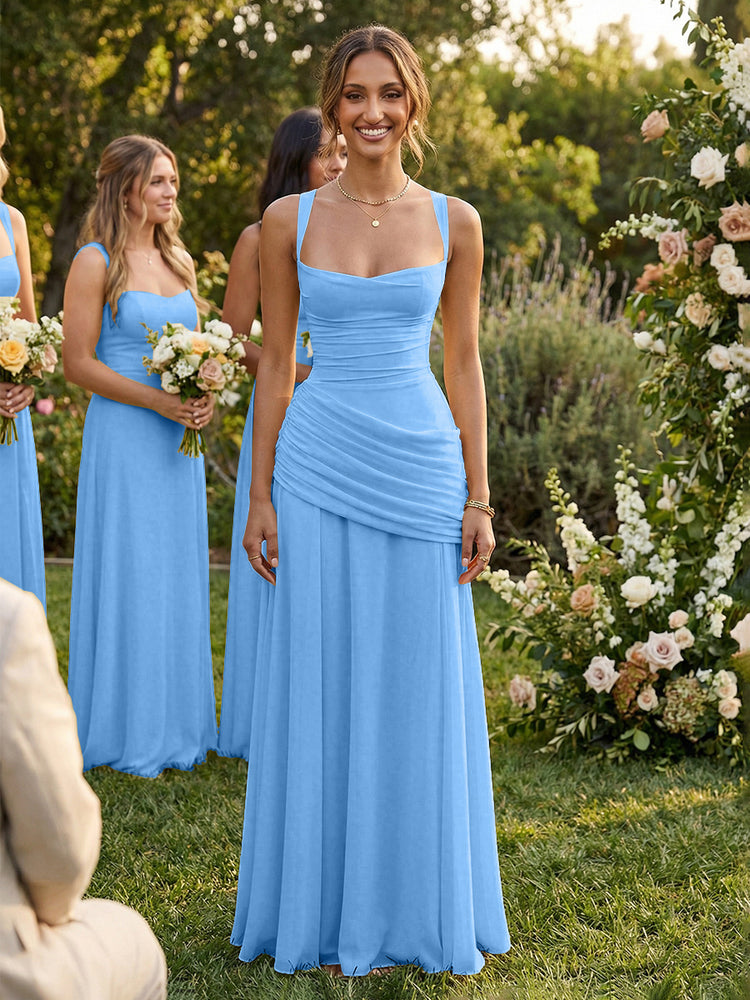 Chiffon A-Line Square Neck Long Bridesmaid Dresses with Pleats