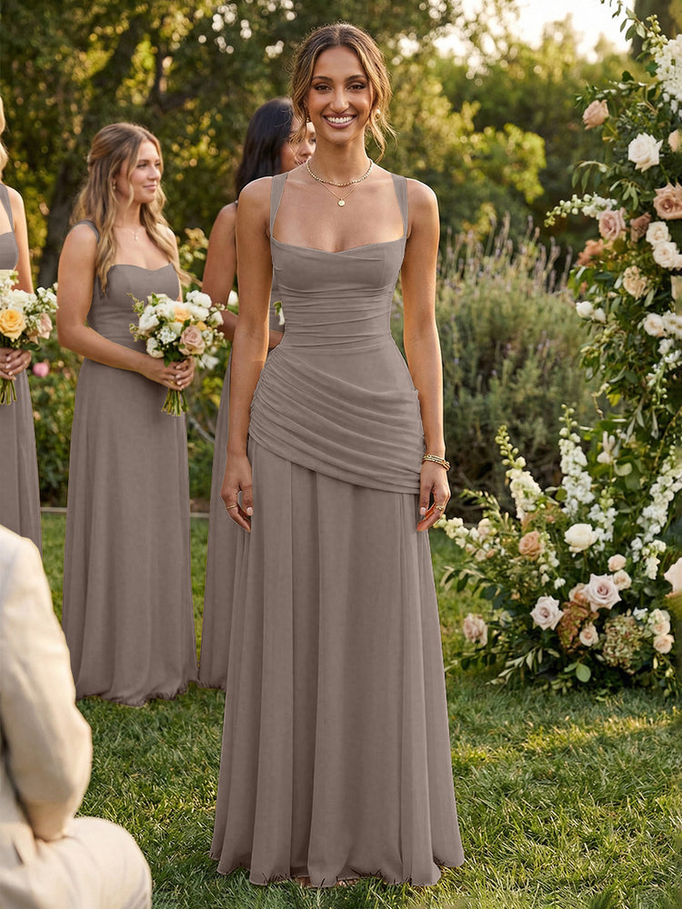 Chiffon A-Line Square Neck Long Bridesmaid Dresses with Pleats
