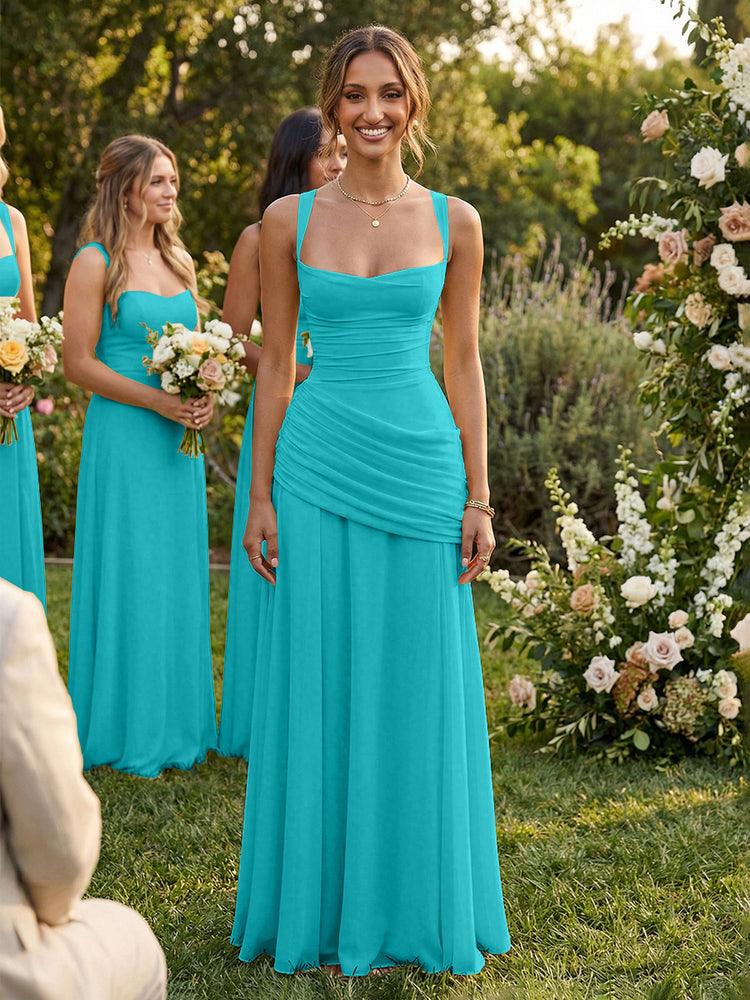Chiffon A-Line Square Neck Long Bridesmaid Dresses with Pleats