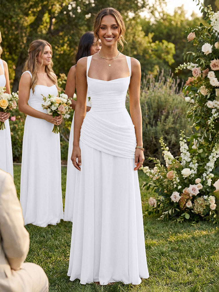 Chiffon A-Line Square Neck Long Bridesmaid Dresses with Pleats