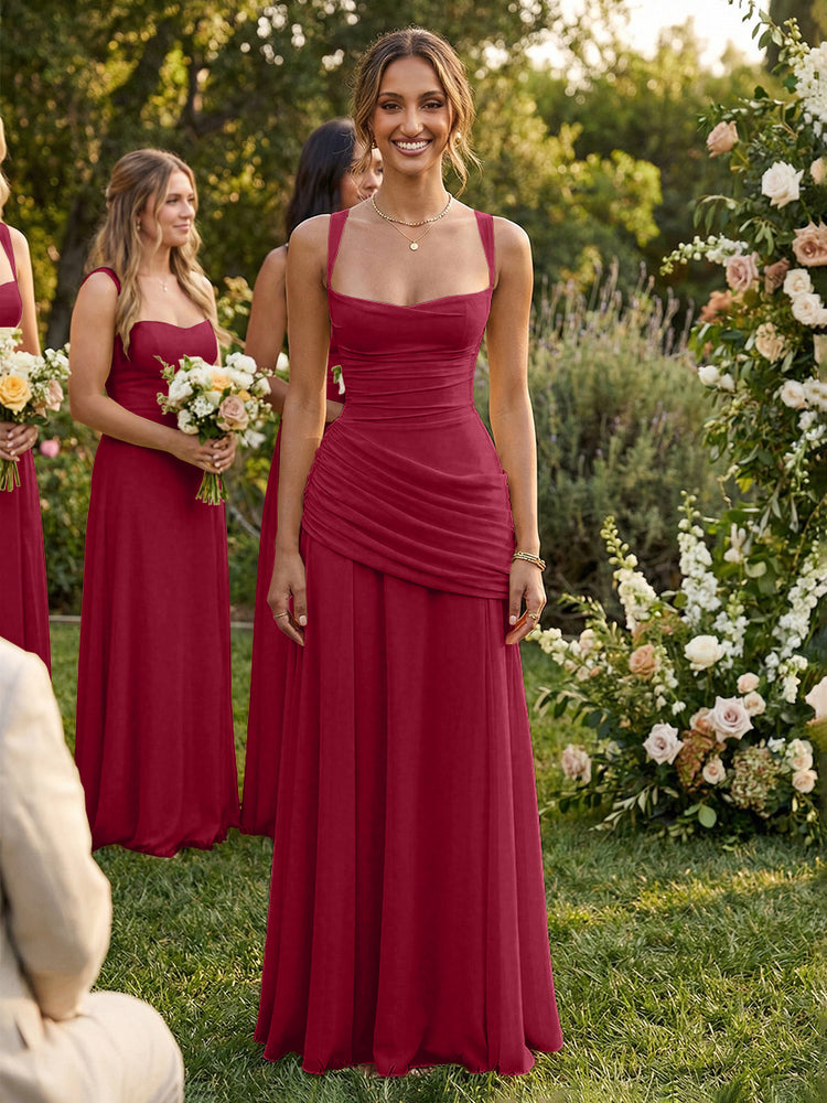 Chiffon A-Line Square Neck Long Bridesmaid Dresses with Pleats