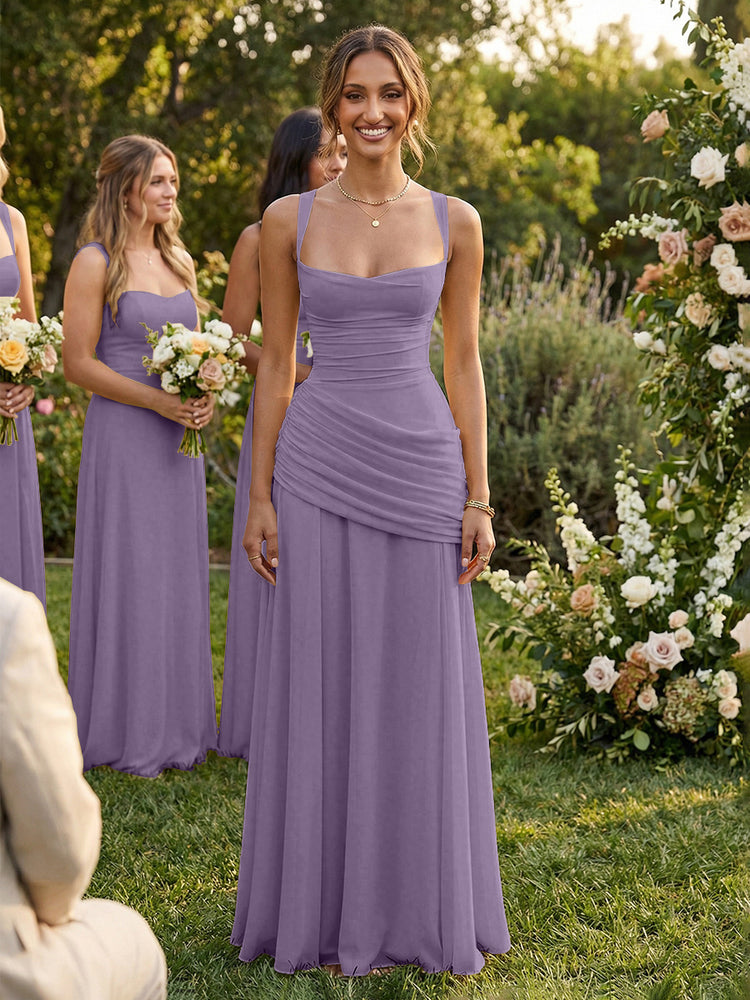 Chiffon A-Line Square Neck Long Bridesmaid Dresses with Pleats