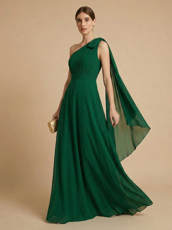 Chiffon A-Line One Shoulder Long Bridesmaid Dresses with Scarf