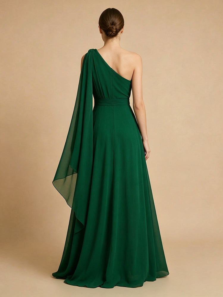 Chiffon A-Line One Shoulder Long Bridesmaid Dresses with Scarf