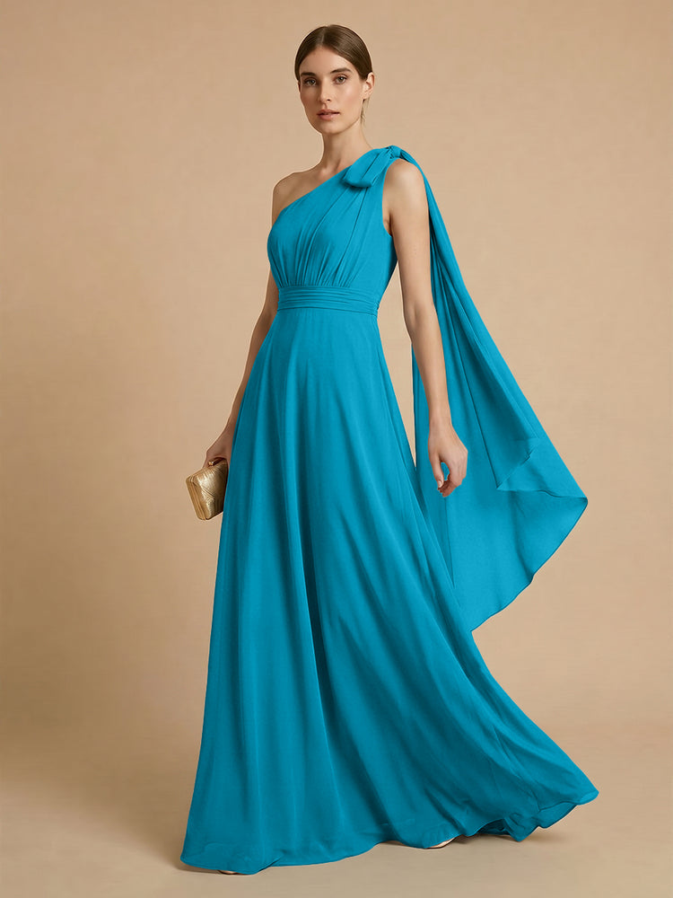 Chiffon A-Line One Shoulder Long Bridesmaid Dresses with Scarf