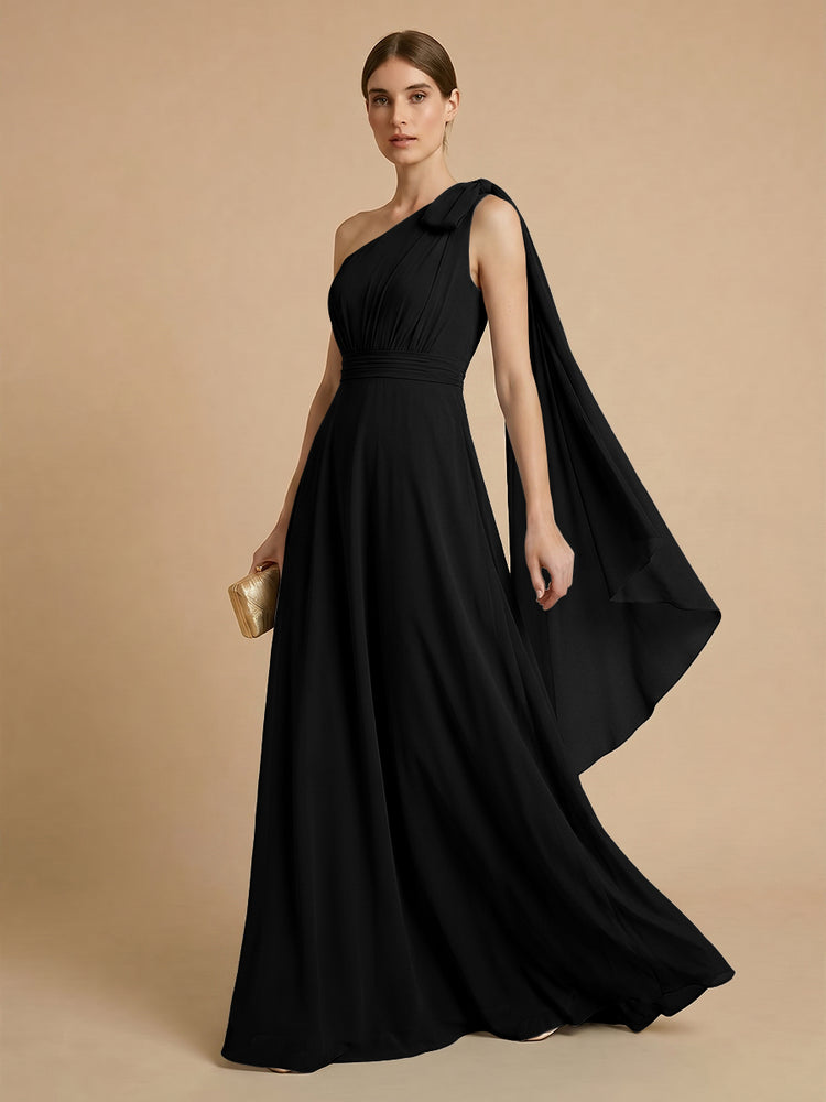 Chiffon A-Line One Shoulder Long Bridesmaid Dresses with Scarf