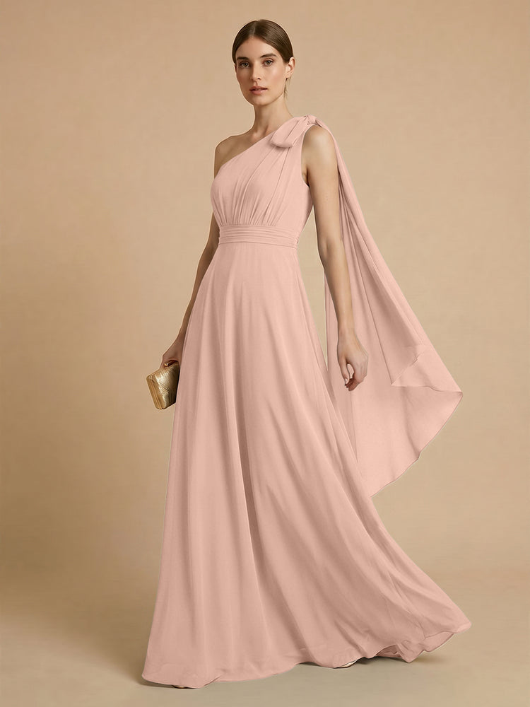 Chiffon A-Line One Shoulder Long Bridesmaid Dresses with Scarf