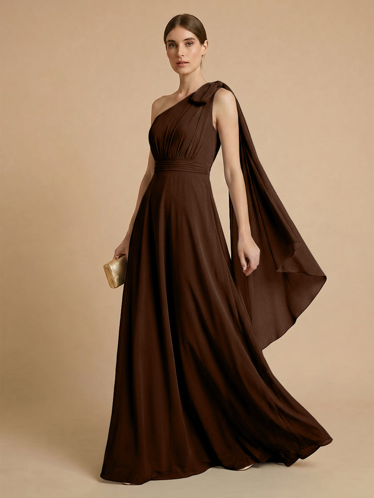Chiffon A-Line One Shoulder Long Bridesmaid Dresses with Scarf