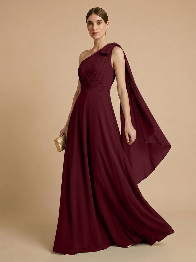 Chiffon A-Line One Shoulder Long Bridesmaid Dresses with Scarf