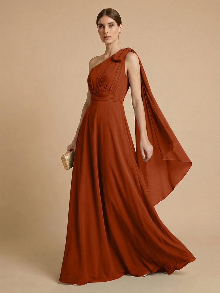 Chiffon A-Line One Shoulder Long Bridesmaid Dresses with Scarf