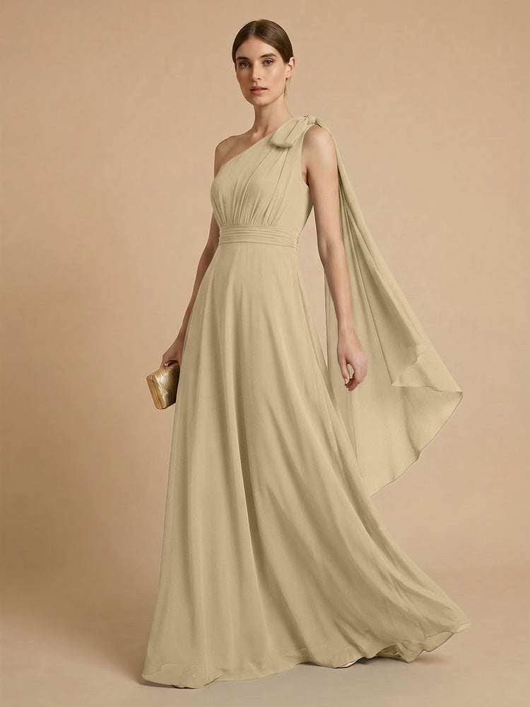 Chiffon A-Line One Shoulder Long Bridesmaid Dresses with Scarf